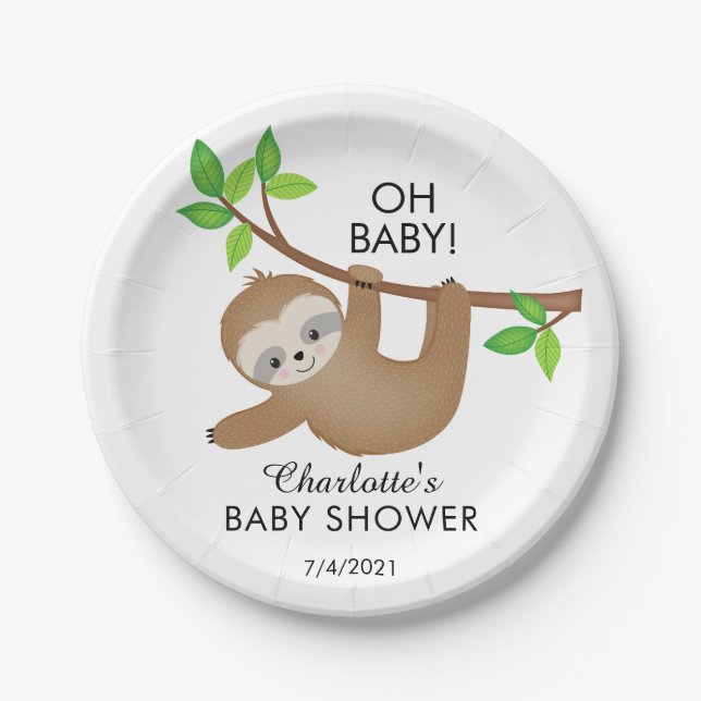 Sweet Sloth OH BABY Baby Shower 7" Plate (Front)