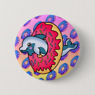 Sweet Smiling Dolphin in Cute Pink Doughnut 2 Inch Round Button