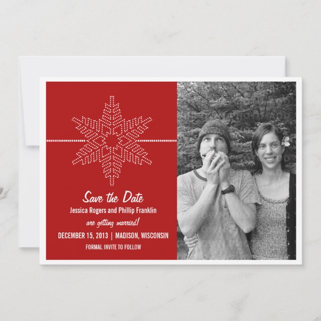 Sweet Snowflake Save the Date Invite, Red (Front)