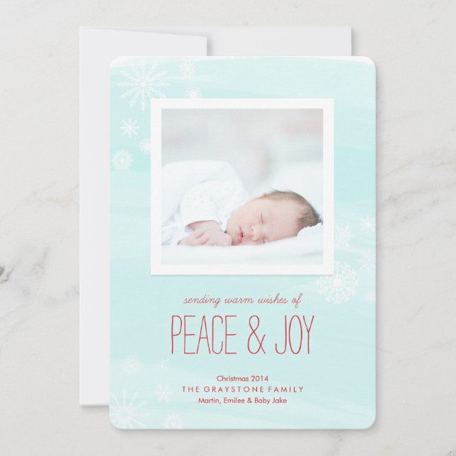 Sweet Snowflakes Ice Blue Peace & Joy Photo Holiday Card (Front)