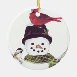 Sweet snowman and cardinal ornament. ceramic ornament
