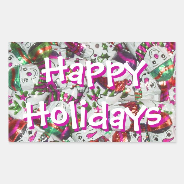 Sweet Snowmen Pink Happy Holidays rectangle Sticker (Front)