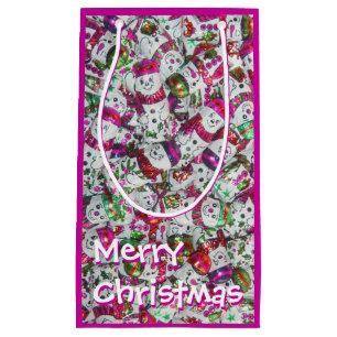 Sweet Snowmen Pink Merry Christmas small Gift Bag