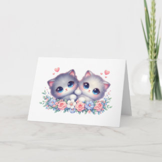 Sweet Snuggly Kitten Duo Floral Blank Greeting  Card