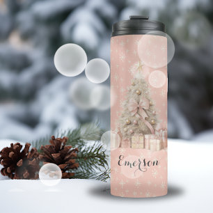 Sweet Soft Pink Christmas Tree & custom greetings Thermal Tumbler