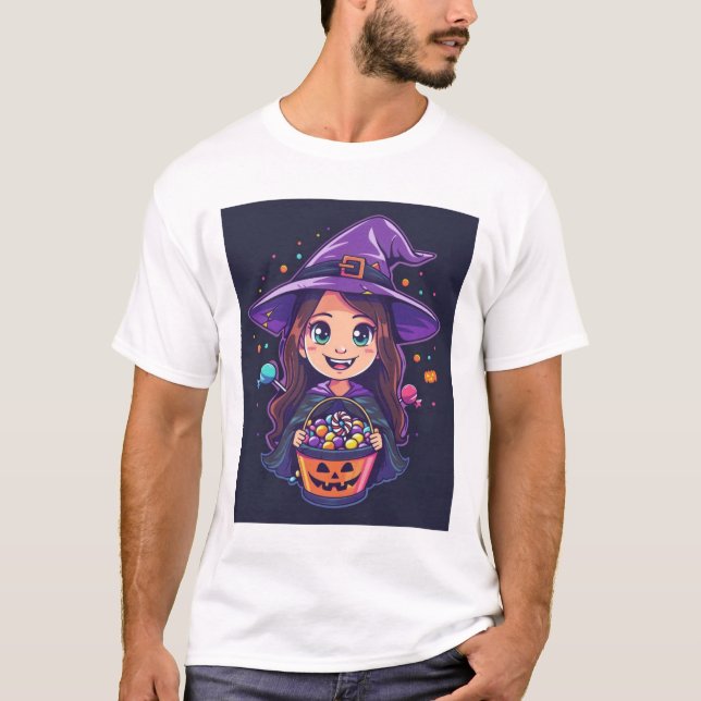 Sweet Spell – Little Halloween Witch with Candy Ba T-Shirt (Front)
