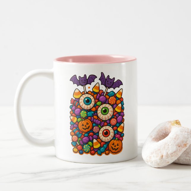  Sweet & Spooky Halloween Candy Chaos Two-Tone Coffee Mug (With Donut)