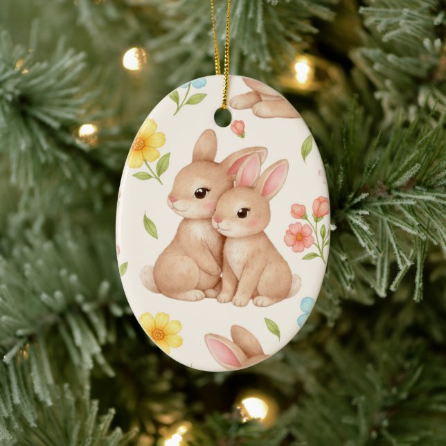 Sweet Spring Bunnies & Floral Garden Pattern Ceramic Ornament (Tree)