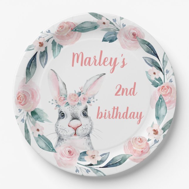 Sweet Spring Bunny Rabbit Birthday Theme Paper Plate (Front)