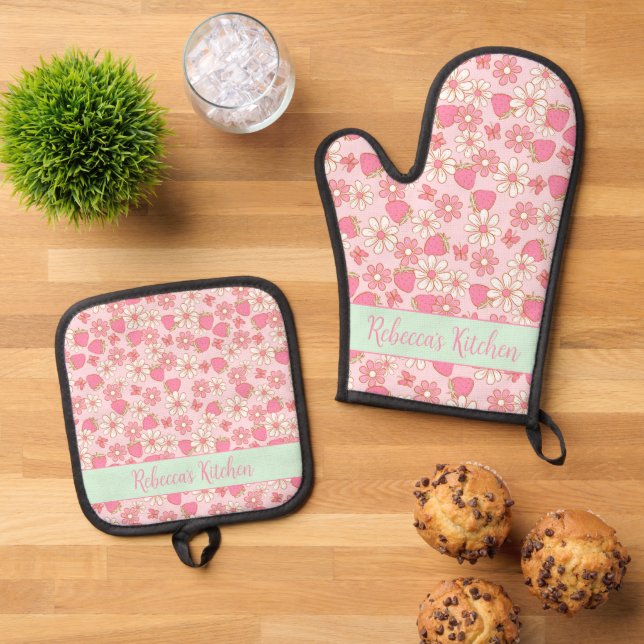 Sweet Spring Strawberries Personalized Oven Mitt & Pot Holder Set (Top Down)