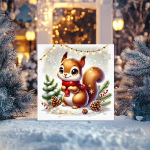 Sweet Squirrel with Pinecones and Fairy Lights Holiday Card