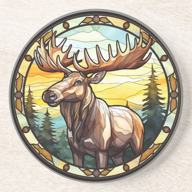 Sweet Stained Glass American Elk Moose Coaster (Front)