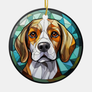 Sweet Stained Glass Beagle Hound Dog Ceramic Ornament