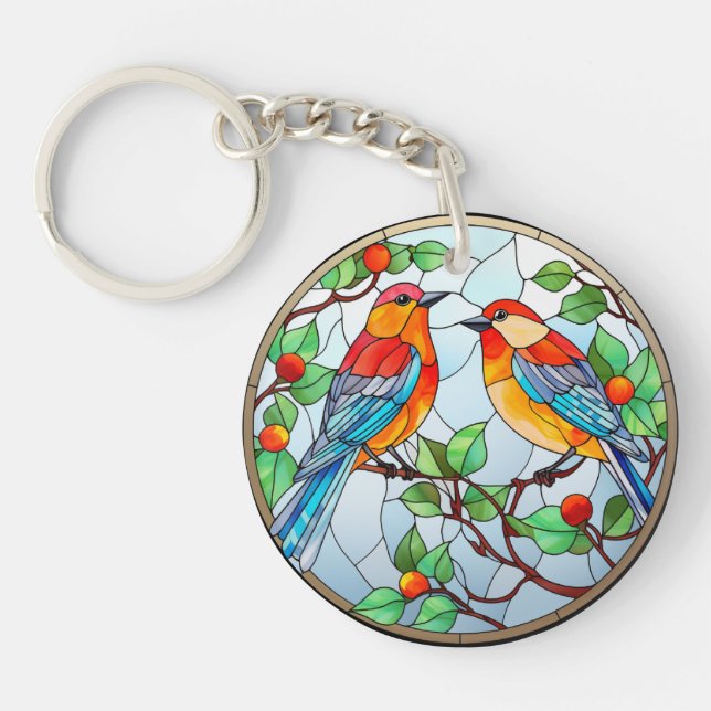 Sweet Stained Glass Bluebirds Keychain (Front)