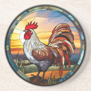 Sweet Stained Glass Chickens Rooster and Sunrise Coaster