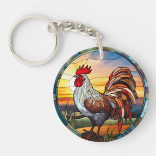 Sweet Stained Glass Chickens Rooster and Sunrise Keychain