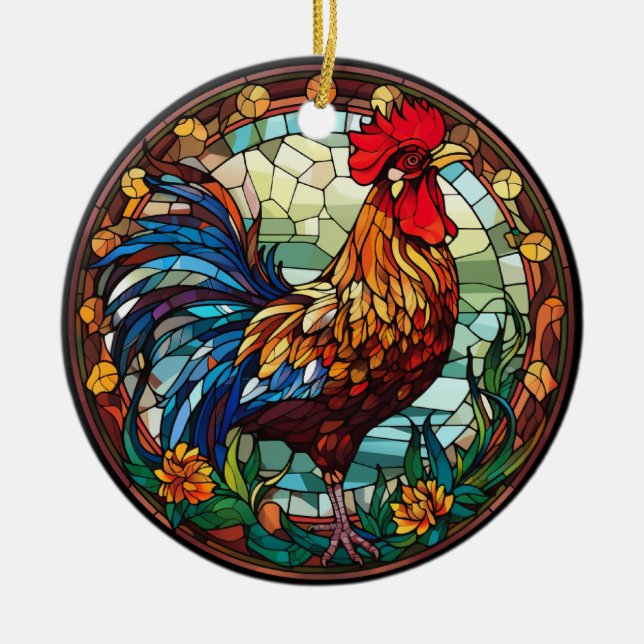 Sweet Stained Glass Chickens Rooster  Ceramic Ornament (Front)