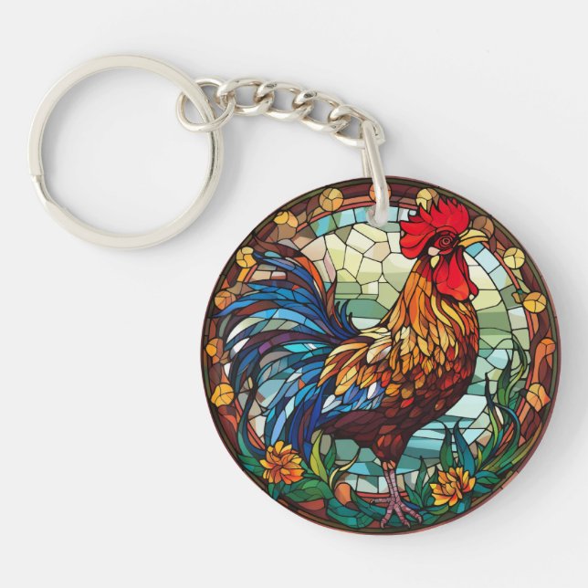 Sweet Stained Glass Chickens Rooster  Keychain (Front)