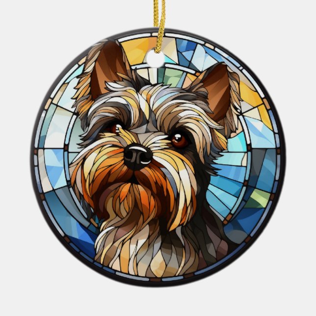 Sweet Stained Glass Dog Yorkshire Terrier Ceramic Ornament (Front)