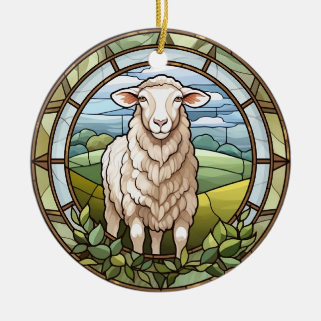 Sweet Stained Glass Farm Sheep Lamb Ceramic Ornament (Front)