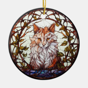Sweet Stained Glass Forest Cat Ceramic Ornament