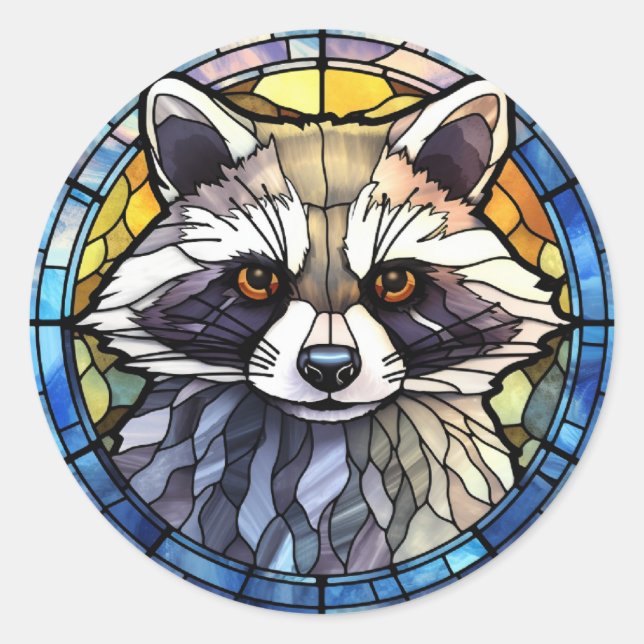 Sweet Stained Glass Frisky Raccoon Classic Round Sticker (Front)