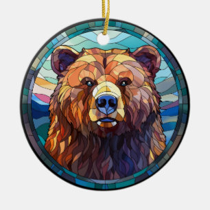 Sweet Stained Glass Grizzly Bear Ceramic Ornament
