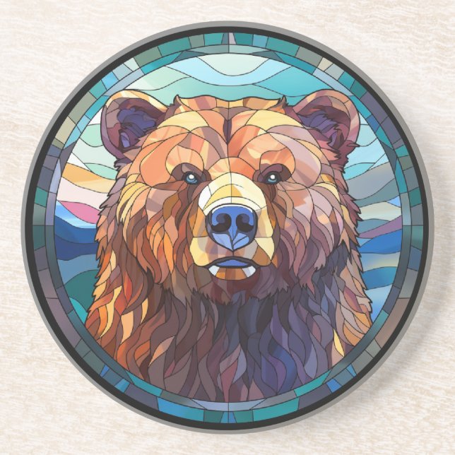 Sweet Stained Glass Grizzly Bear Coaster (Front)