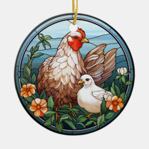 Sweet Stained Glass Hen and Chick Ceramic Ornament