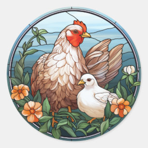 Sweet Stained Glass Hen and Chick Classic Round Sticker