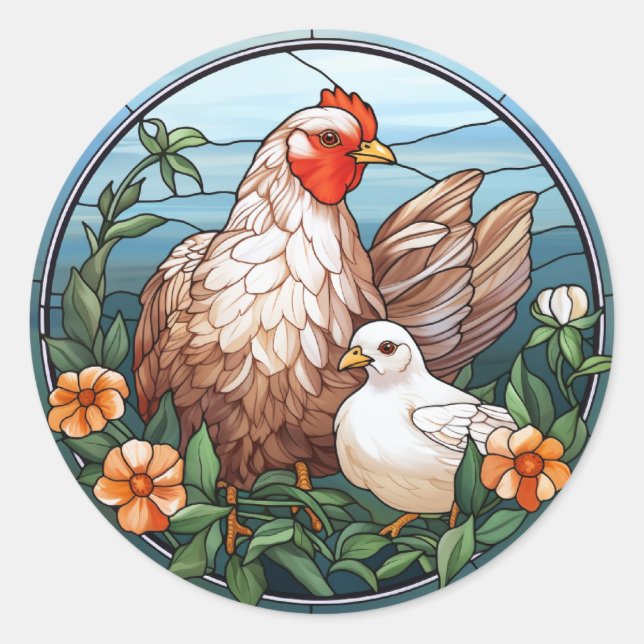 Sweet Stained Glass Hen and Chick Classic Round Sticker (Front)