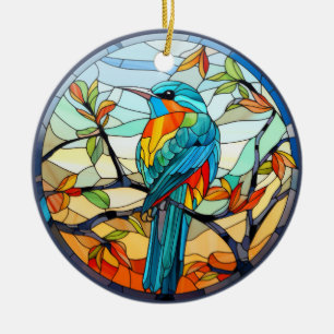 Sweet Stained Glass Kingfisher Bird Ceramic Ornament