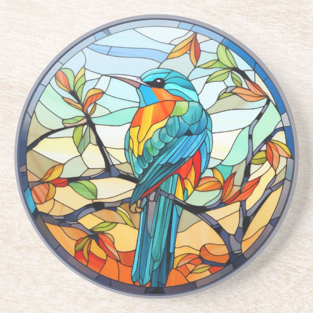 Sweet Stained Glass Kingfisher Bird Coaster (Front)
