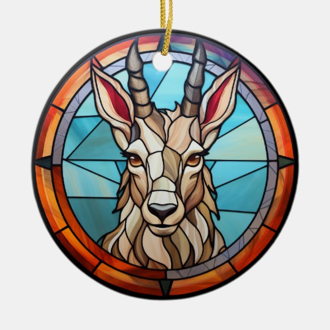 Sweet Stained Glass Mountain Goat Ceramic Ornament (Front)