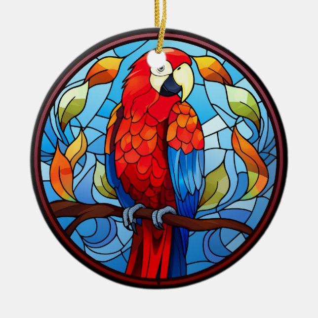 Sweet Stained Glass Scarlet Macaw Parrot Bird Ceramic Ornament (Front)