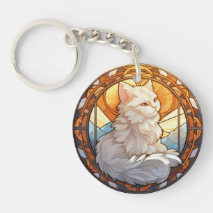 Sweet Stained Glass White Cat Keychain