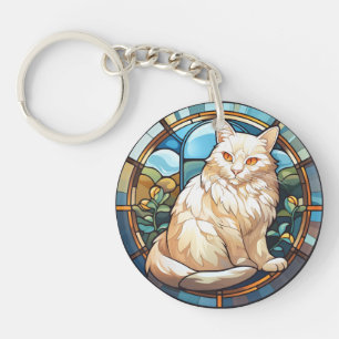 Sweet Stained Glass White Cat Keychain