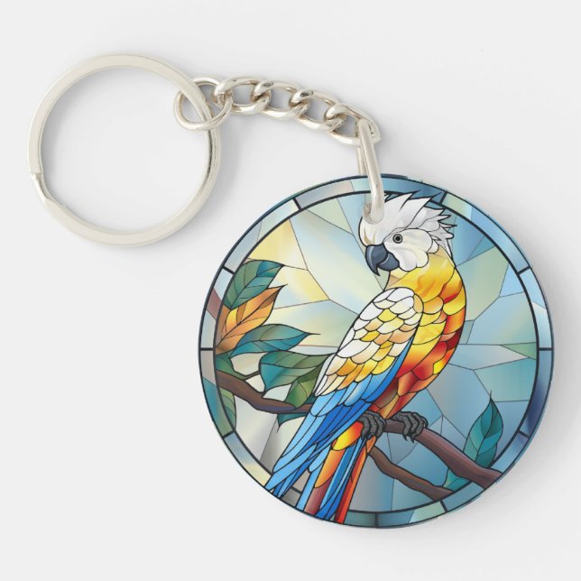 Sweet Stained Glass White Cockatoo Parrot Bird Keychain (Front)