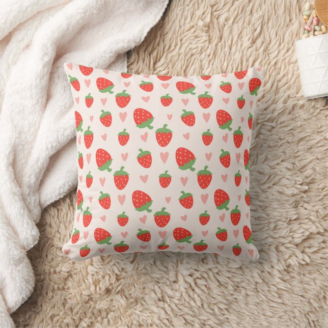 Sweet Strawberries & Hearts Throw Pillow (Blanket)
