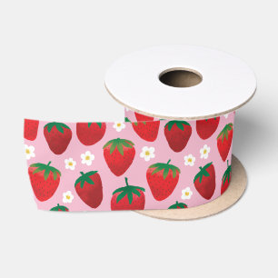 Sweet Strawberries Pattern on Pink Satin Ribbon