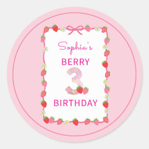 Sweet Strawberry 3rd Birthday Invitation Classic Round Sticker