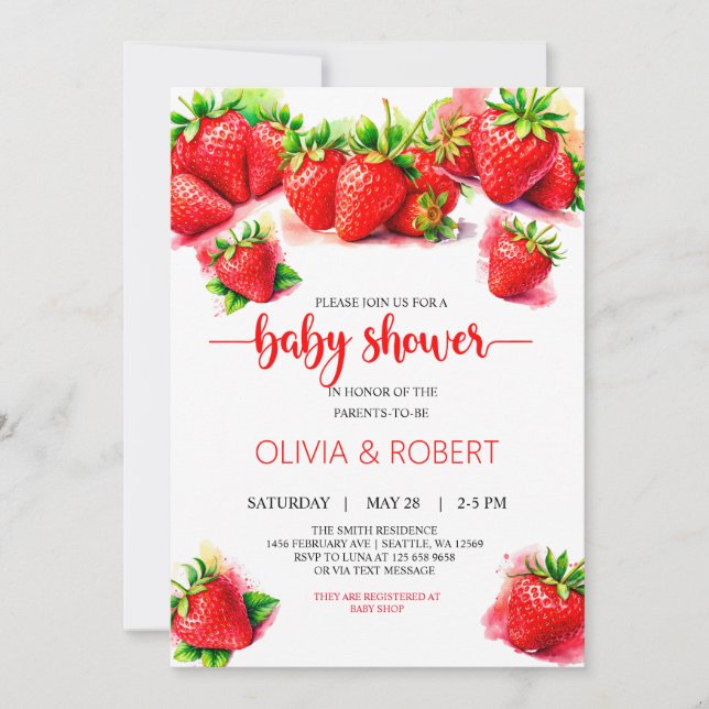 Sweet Strawberry Baby Shower Invitation (Front)