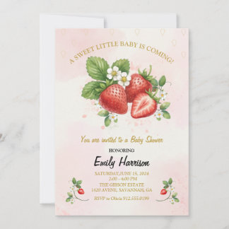 Sweet Strawberry baby shower pink watercolor Invitation