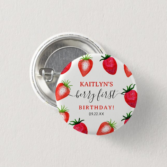 Sweet Strawberry Berry First 1st Birthday 1 Inch Round Button (Front & Back)