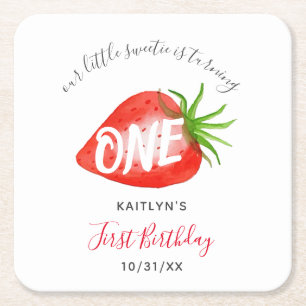 Sweet Strawberry Berry First 1st Birthday Square Paper Coaster