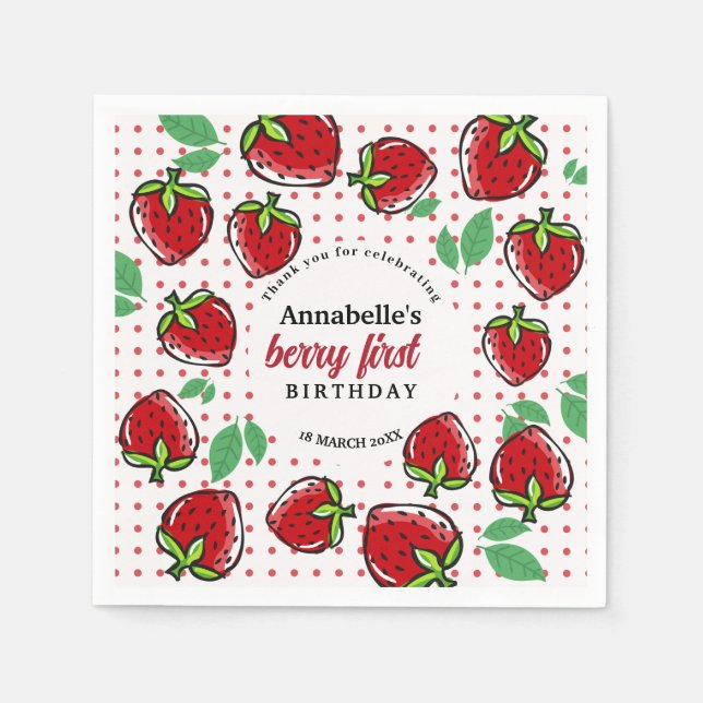 Sweet Strawberry Berry First Birthday Napkin (Front)