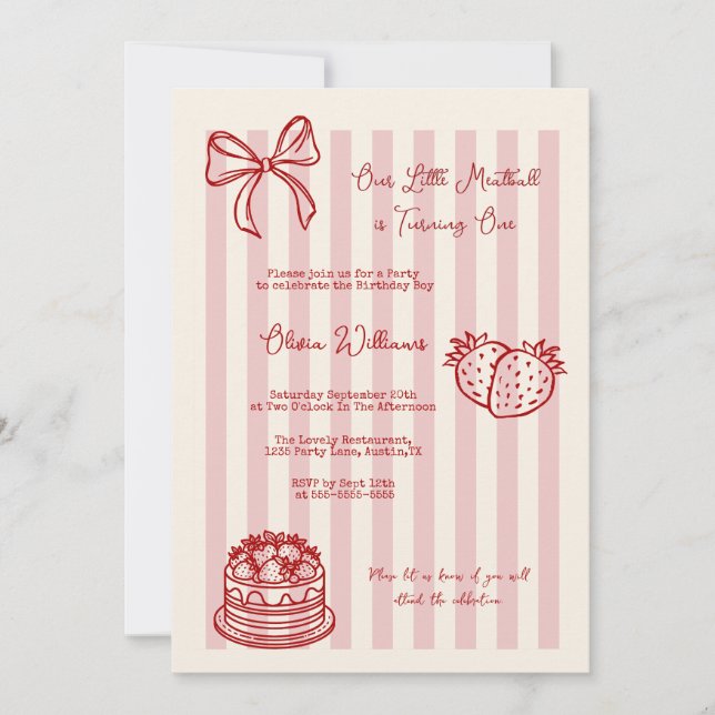 Sweet Strawberry Bow 1st Birthday Party Invitation (Front)