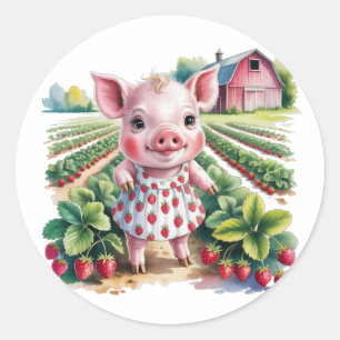 Sweet Strawberry Farm Pig Girl 1st. Birthday Party Classic Round Sticker