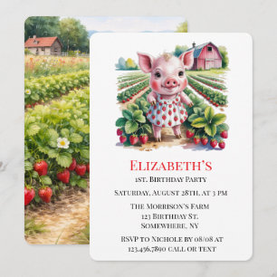 Sweet Strawberry Farm Pig Girl 1st. Birthday Party Invitation