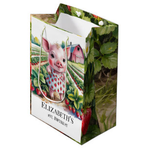 Sweet Strawberry Farm Pig Girl 1st. Birthday Party Medium Gift Bag
